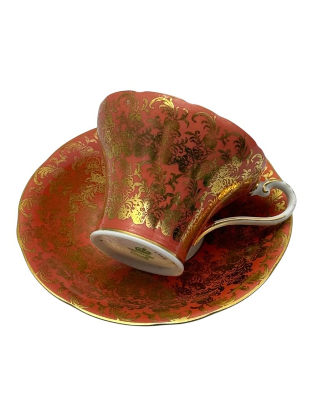Aynsley Teacup and Saucer Gold Orange Filigree Bone China Vintage 1960s England